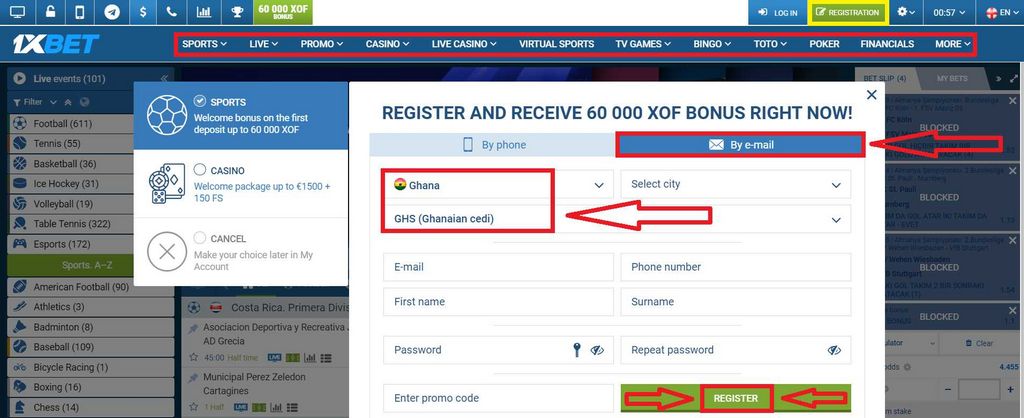 Cara mendaftar di 1xbet